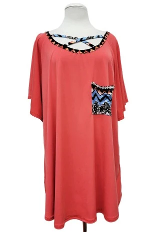 100 CP {Rustic Rhythm} Coral Cross Neck Accent Pocket Top EXTENDED PLUS SIZE 1X 2X 3X 4X 5X - Image 2