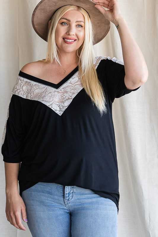 100 CP {Just For Tonight} Black Top w/Lace Contrast PLUS SIZE XL 2X 3X - Image 2