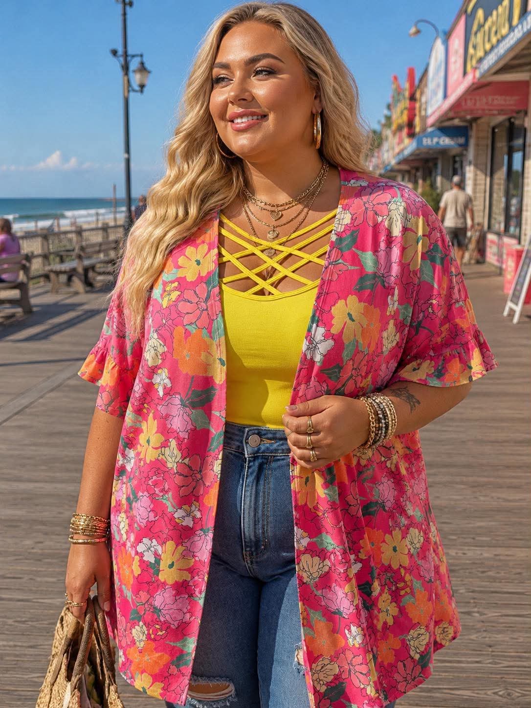 100 OT {Petals & Grace} Fuchsia Floral Short Sleeve Cardigan PLUS SIZE 1X 2X 3X - Image 2