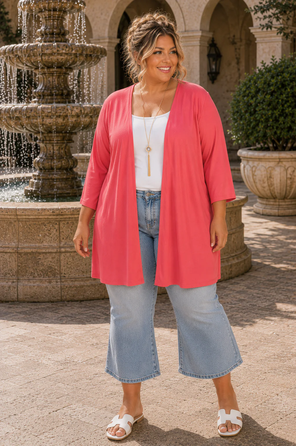 100 OT {Soft Embrace} Coral Solid 3/4 Sleeve Cardigan PLUS SIZE 1X 2X 3X