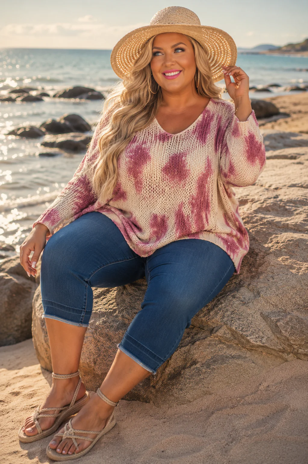 100 PLS {Berry Breeze} Fuchsia Khaki Open Knit Sweater Top PLUS SIZE 2X