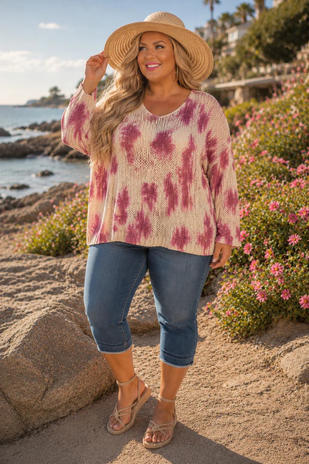 100 PLS {Berry Breeze} Fuchsia Khaki Open Knit Sweater Top PLUS SIZE 2X - Image 2