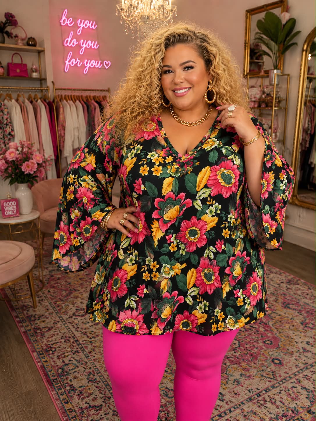 100 PQ {Evening Blossom} Black Floral Print V-Neck Top EXTENDED PLUS SIZE 4X 5X 6X - Image 2