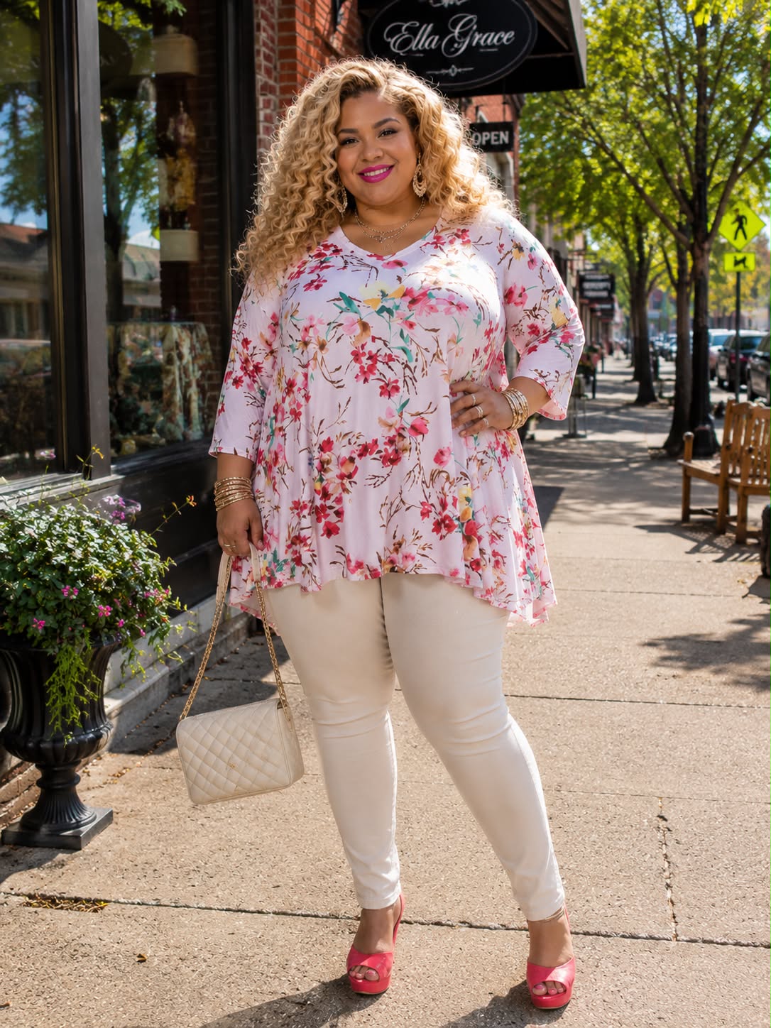 100 PQ {Floral Romance} Pink Floral Print V-Neck Top EXTENDED PLUS SIZE 3X 4X 5X