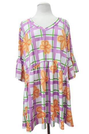 100 PQ {Floral Therapy}  Purple & Orange Baby Doll V Neck Tunic Quarter Length Tulip Sleeve  EXTENDED PLUS SIZE 3X 4X 5X - Image 2