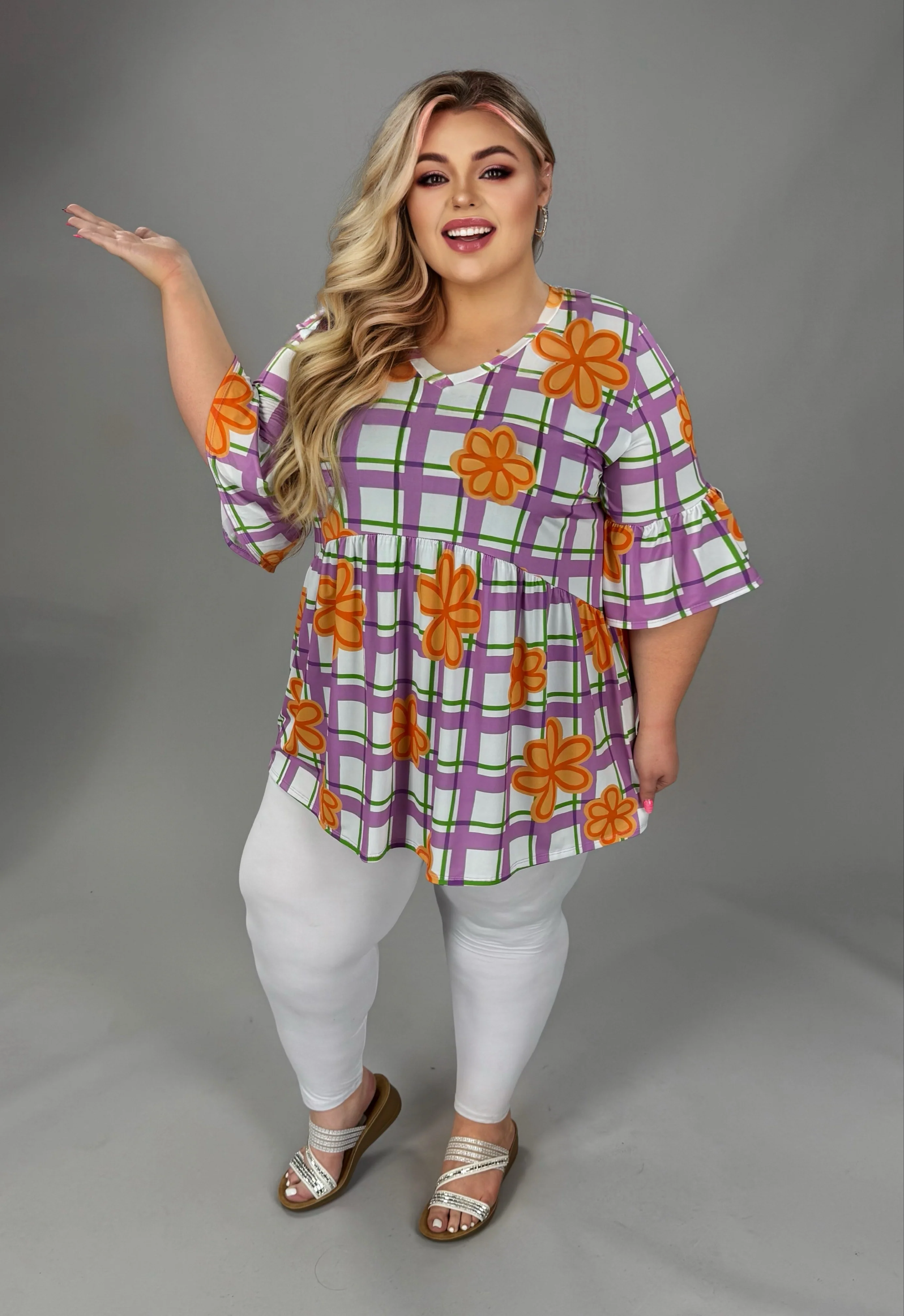 100 PQ {Floral Therapy}  Purple & Orange Baby Doll V Neck Tunic Quarter Length Tulip Sleeve  EXTENDED PLUS SIZE 3X 4X 5X - Image 4
