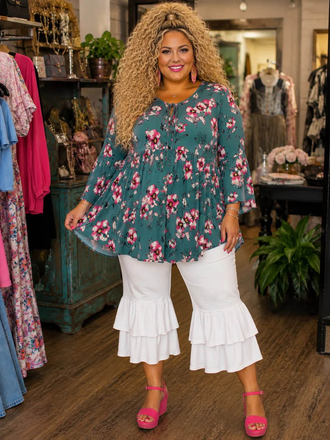 100 PQ {Harmony Blossoms} Teal Fuchsia Floral Keyhole Top EXTENDED PLUS SIZE 3X 4X 5X