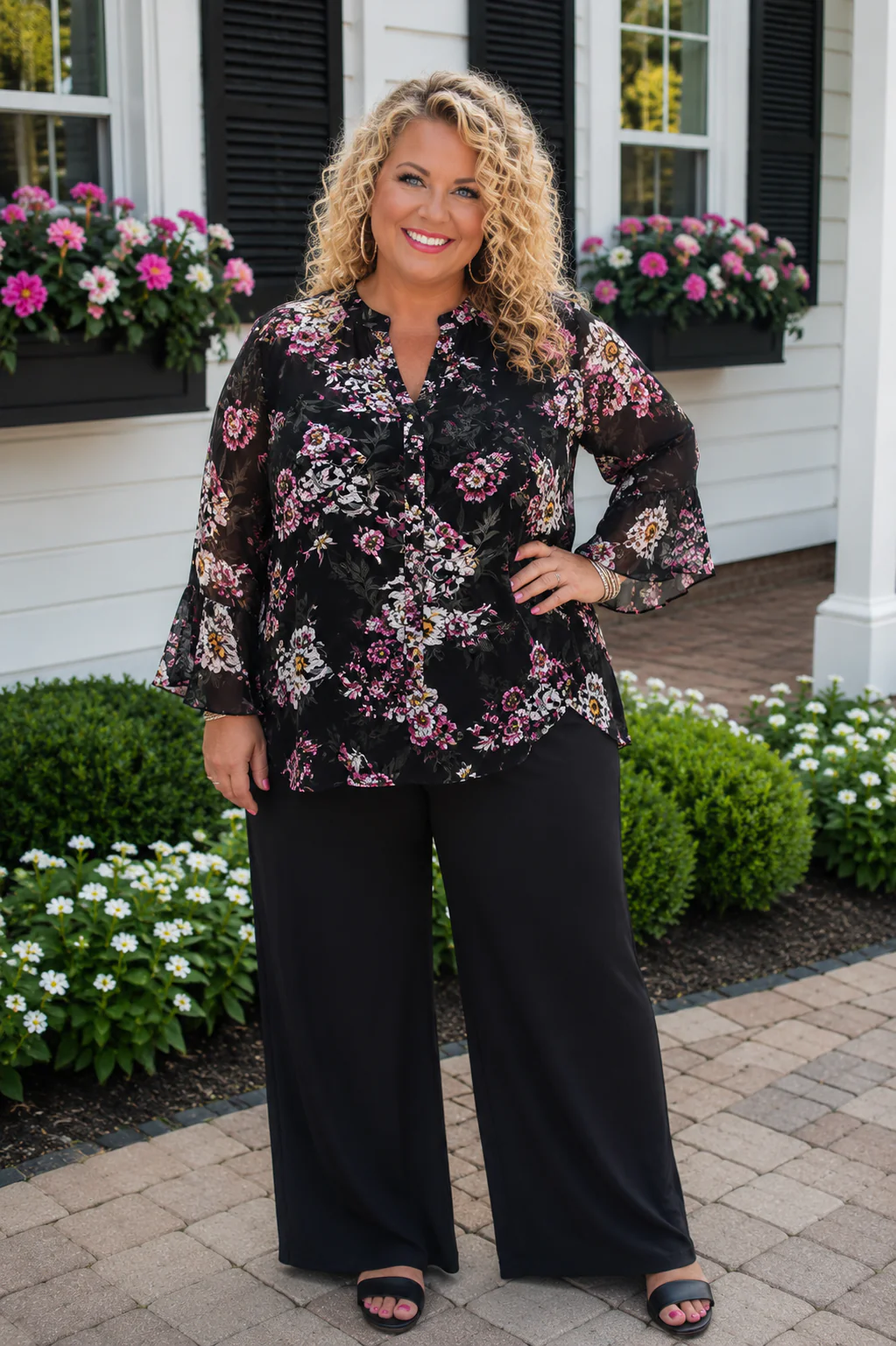 100 PQ {Midnight In Bloom} Black Floral Sheer Ruffle Top PLUS SIZE 16W