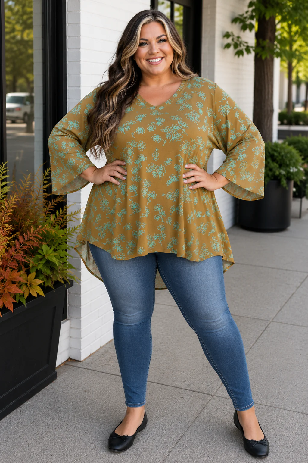 100 PQ {Olive Bloom} Light Olive Floral V-Neck Top EXTENDED PLUS SIZE 3X 4X 5X