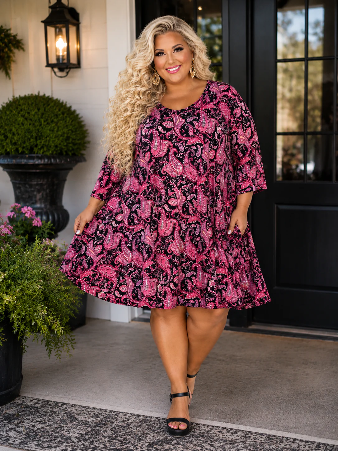 100 PQ {Uptown Views} Black Magenta Paisley Dress EXTENDED PLUS SIZE 2X 3X 4X  TRUE TO SIZE!!