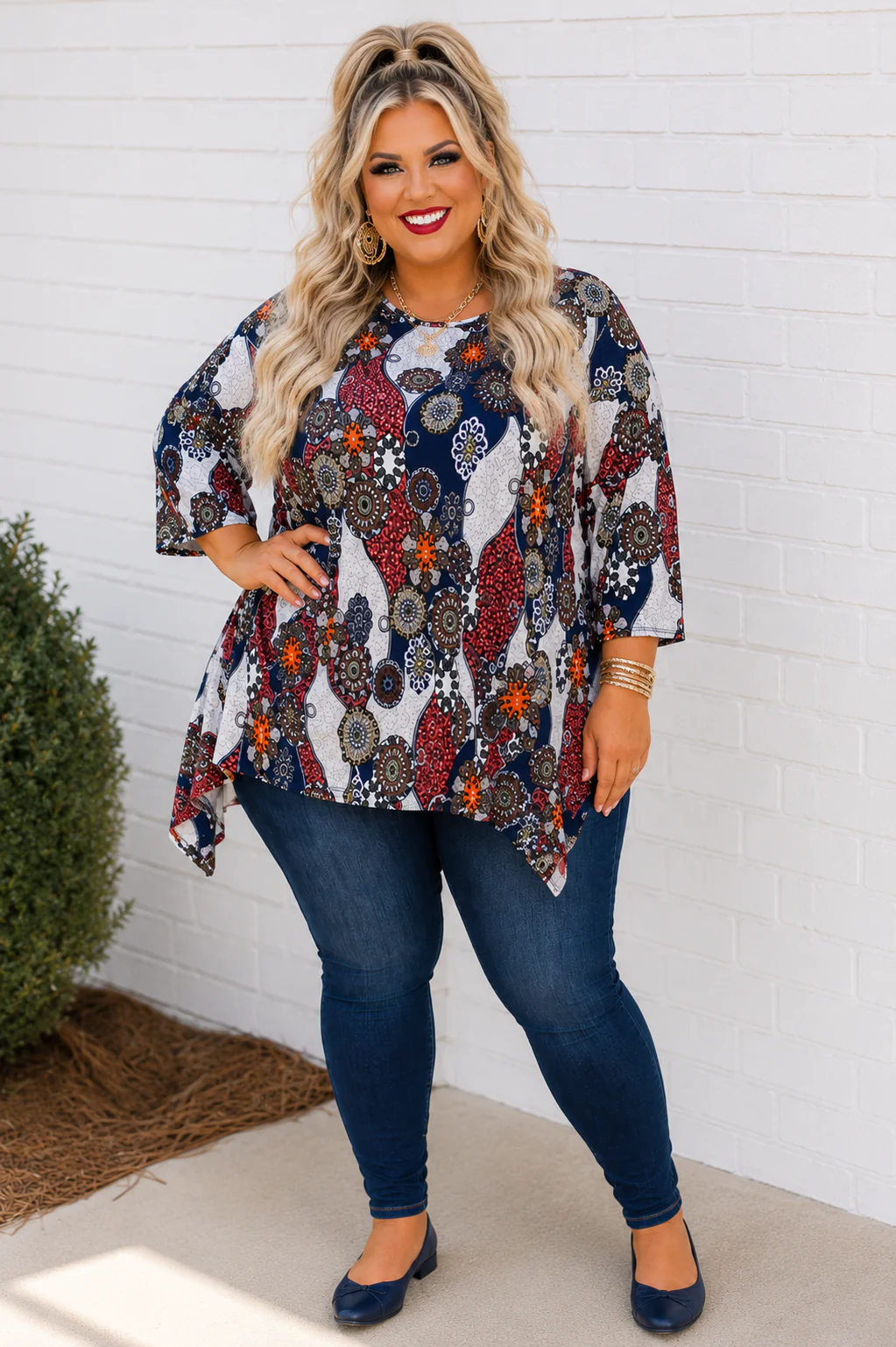 100 PQ {Zen Garden} Navy Mandala Print Side Drape Top EXTENDED PLUS SIZE 3X 4X 5X