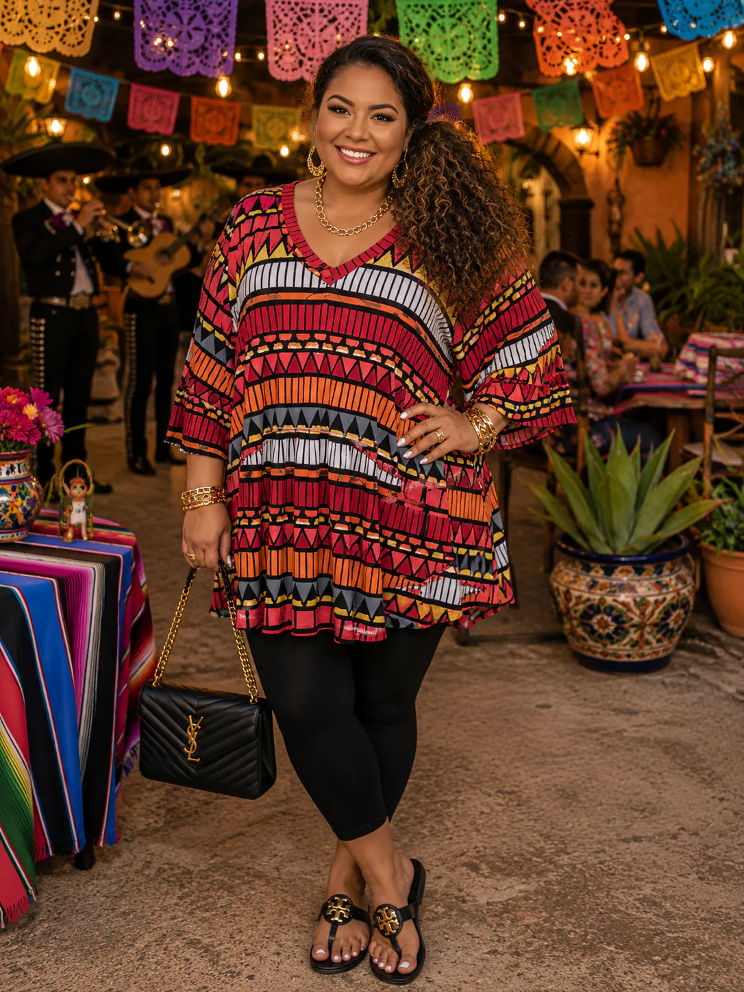 100 PSS {Aztec Sunset} Red Coral Tribal Print V-Neck Top EXTENDED PLUS SIZE 3X 4X 5X