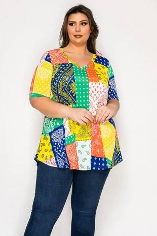 100 PSS {Bandana Bliss} Orange Multi Paisley V-Neck Top EXTENDED PLUS SIZE 3X 4X 5X - Image 2