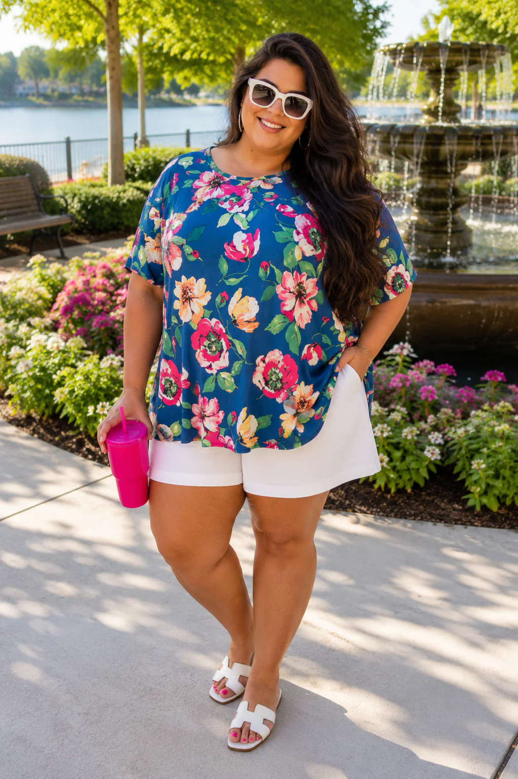 100 PSS {Blossom Charm} Blue Large Floral Shirred Top EXTENDED PLUS SIZE 4X 5X 6X