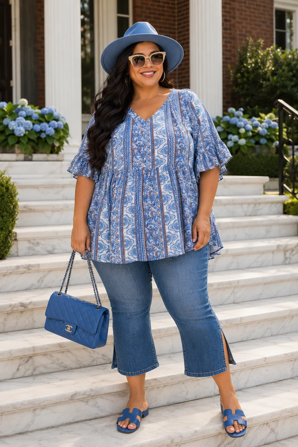 100 PSS {Blue Harmony} Blue Mixed Print V-Neck Top EXTENDED PLUS SIZE 3X 4X 5X