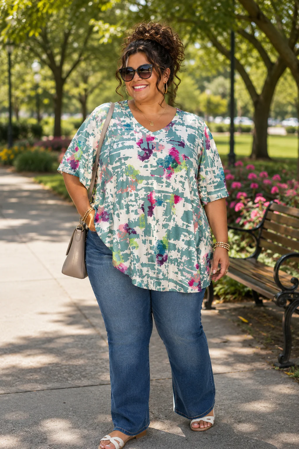 100 PSS {Bold Moves} Teal Ivory Print V-Neck Top EXTENDED PLUS SIZE 3X 4X 5X