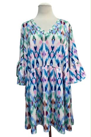 100 PSS {Carefree & Cute}  Blue Multi Print V-Neck Top EXTENDED PLUS SIZE 3X 4X 5X - Image 2