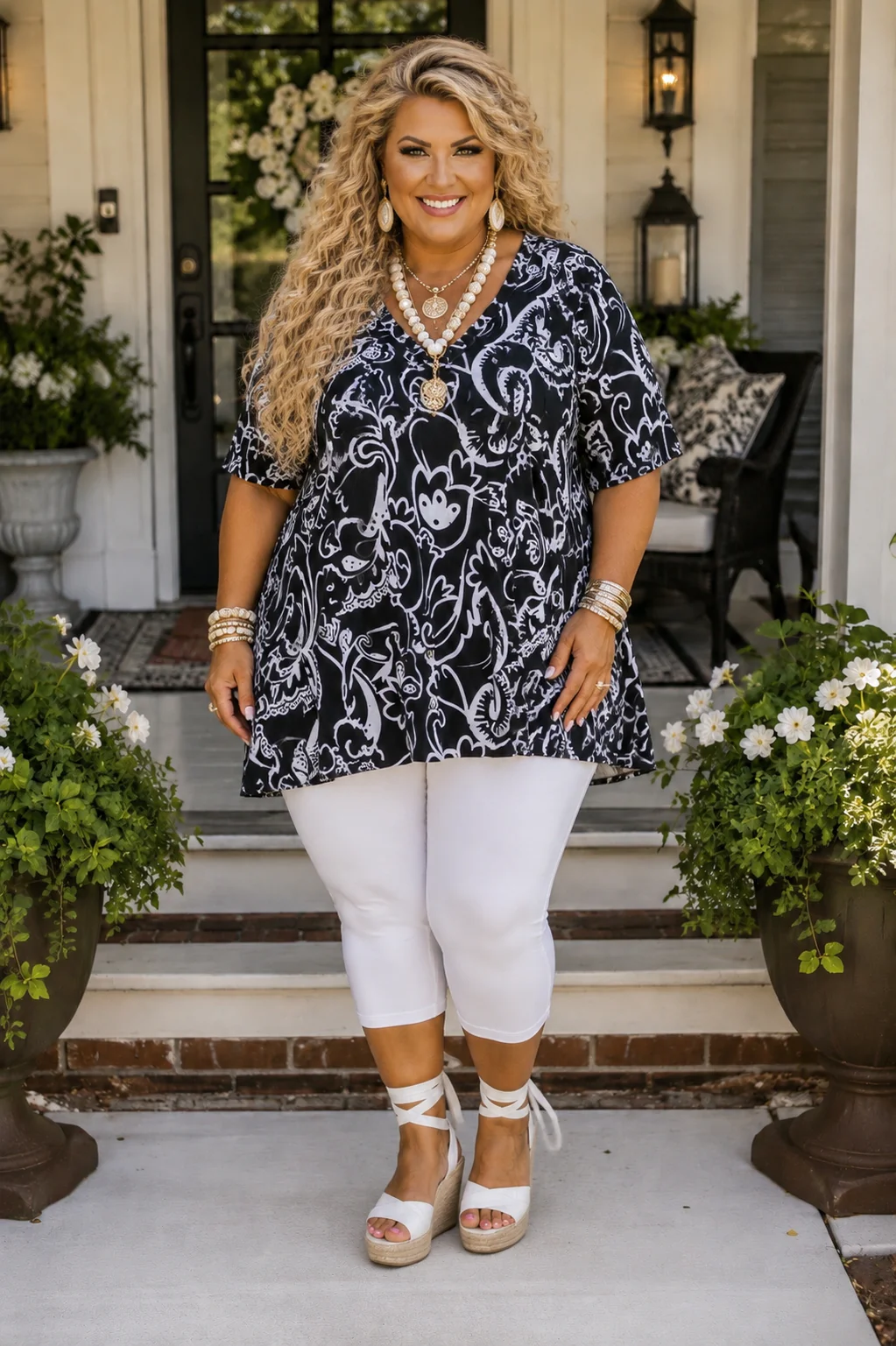 100 PSS {Classy Swirl} Black Ivory Print V-Neck Top EXTENDED PLUS SIZE 3X 4X 5X
