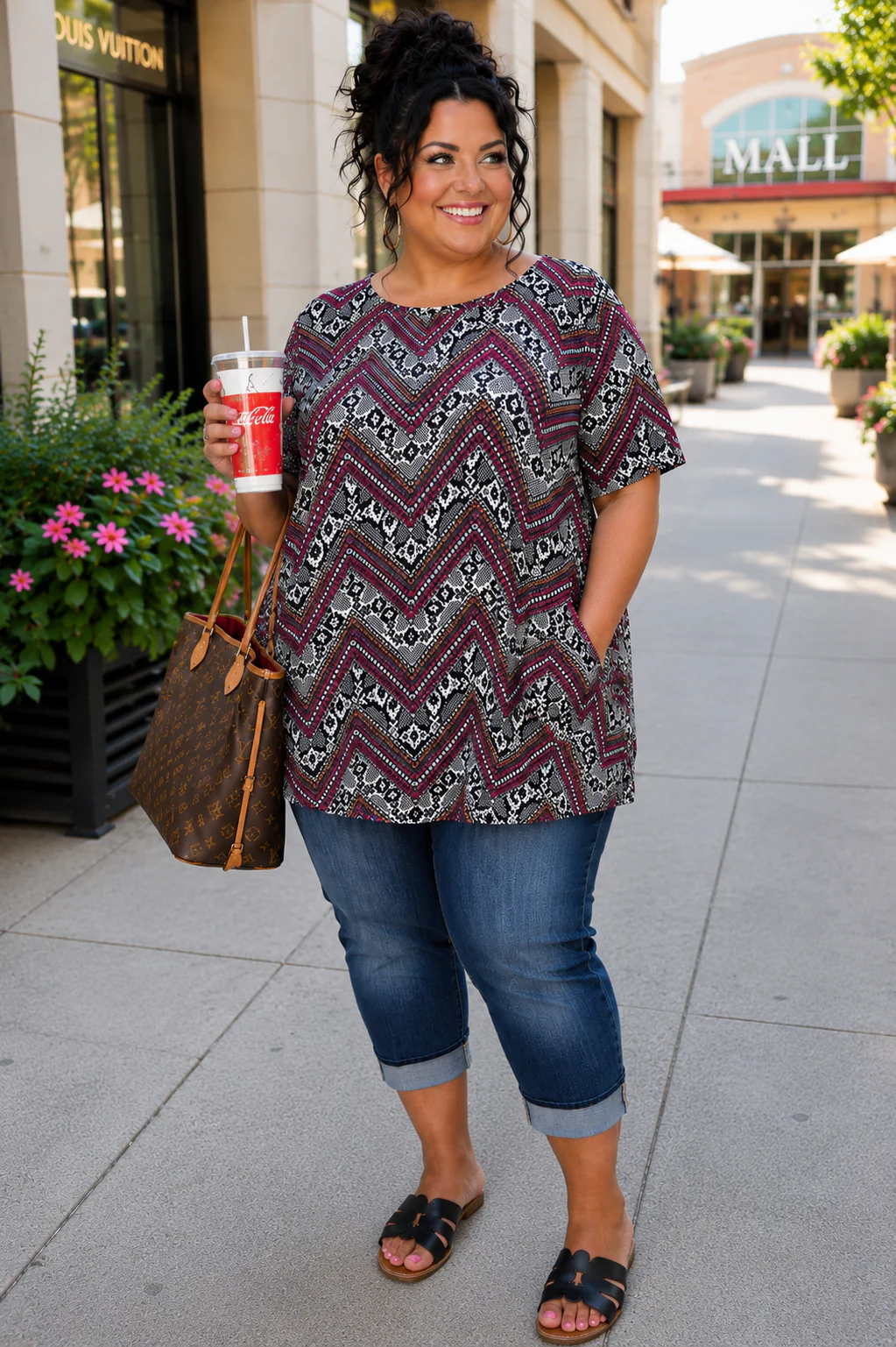 100 PSS {Color Wave} Red Multi Print Chevron Top W/Pockets PLUS SIZE 1X 2X 3X - Image 2