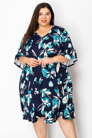 100 PSS {Create A Memory} Navy Teal Floral V-Neck Dress EXTENDED PLUS SIZE 2X 3X 4X  TRUE TO SIZE!! - Image 3