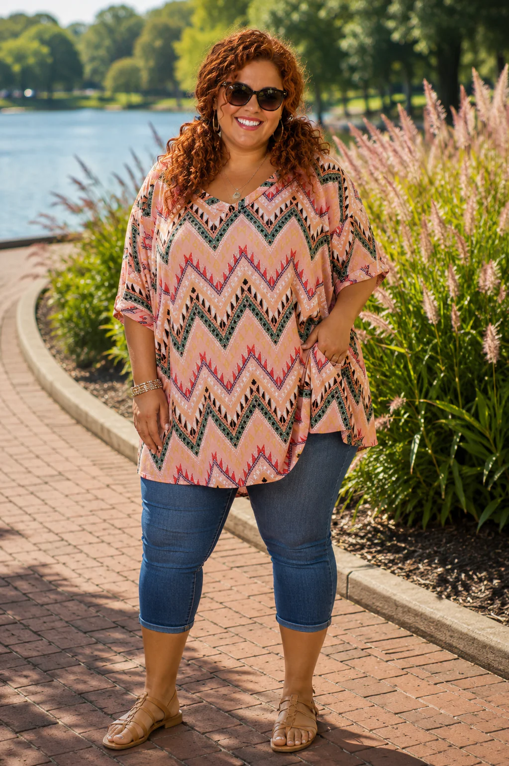 100 PSS {Desert Soul} Salmon Pink Tribal Print V-Neck Top EXTENDED PLUS SIZE 3X 4X 5X