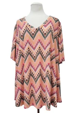 100 PSS {Desert Soul} Salmon Pink Tribal Print V-Neck Top EXTENDED PLUS SIZE 3X 4X 5X - Image 2