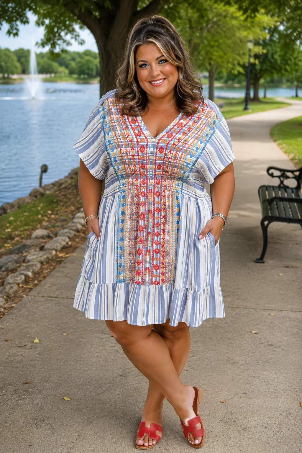 100 PSS {Desert Stripe} Blue Stripe Tribal Embroidery Dress PLUS SIZE 3X