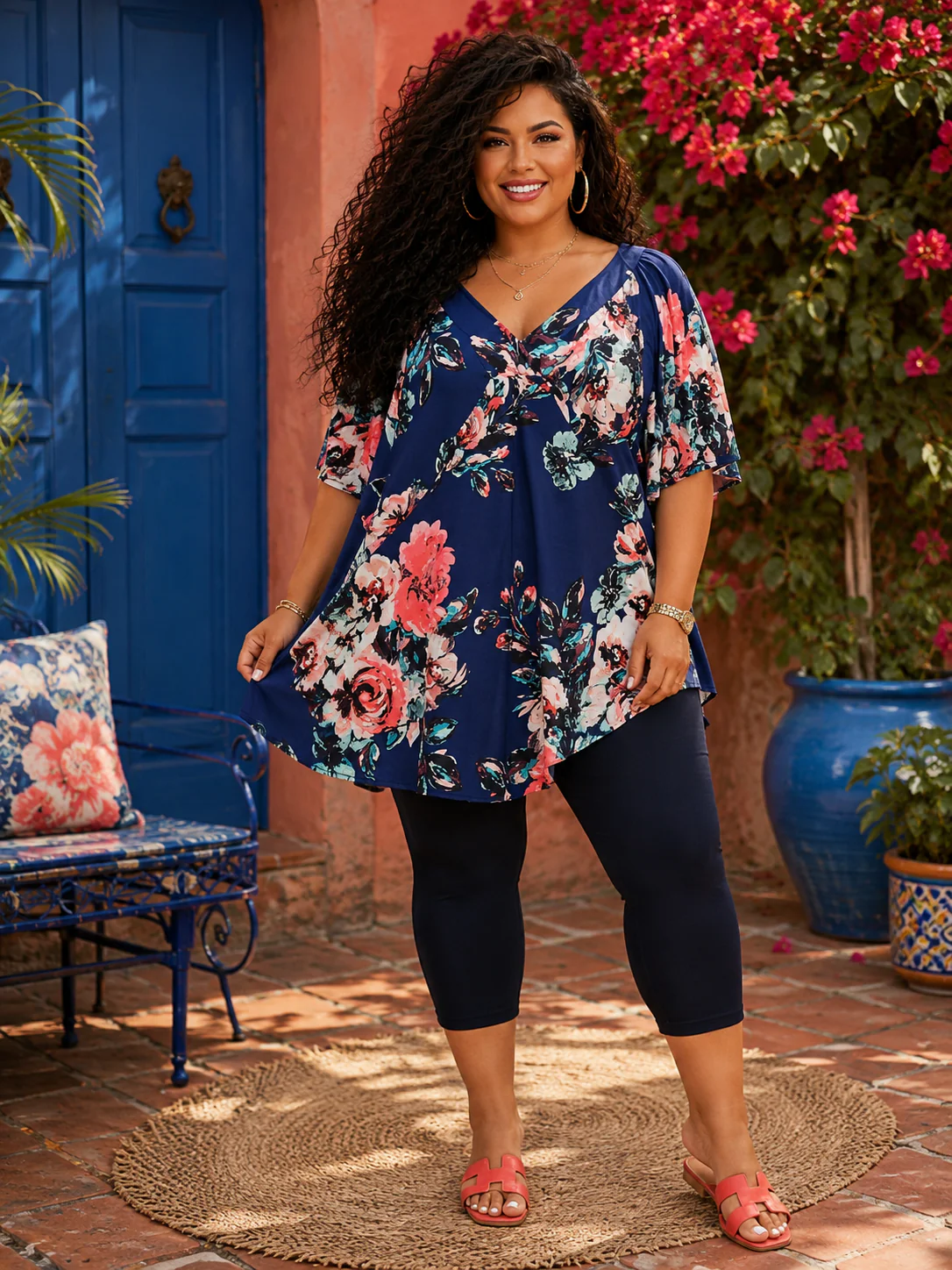 100 PSS {Favorite Flower} Navy Floral Flutter Sleeve Top EXTENDED PLUS SIZE 2X 3X 4X  TRUE TO SIZE!!