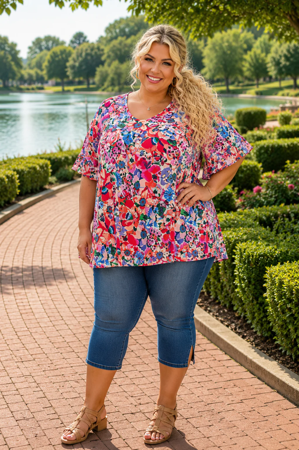 100 PSS (Floral Avenue} Red Floral Print Ruffle Sleeve Top EXTENDED PLUS SIZE 4X 5X 6X