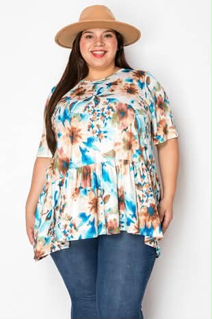 100 PSS {Floral Oasis} Blue Beige Floral Frill Hem Top EXTENDED PLUS SIZE 3X 4X 5X - Image 2