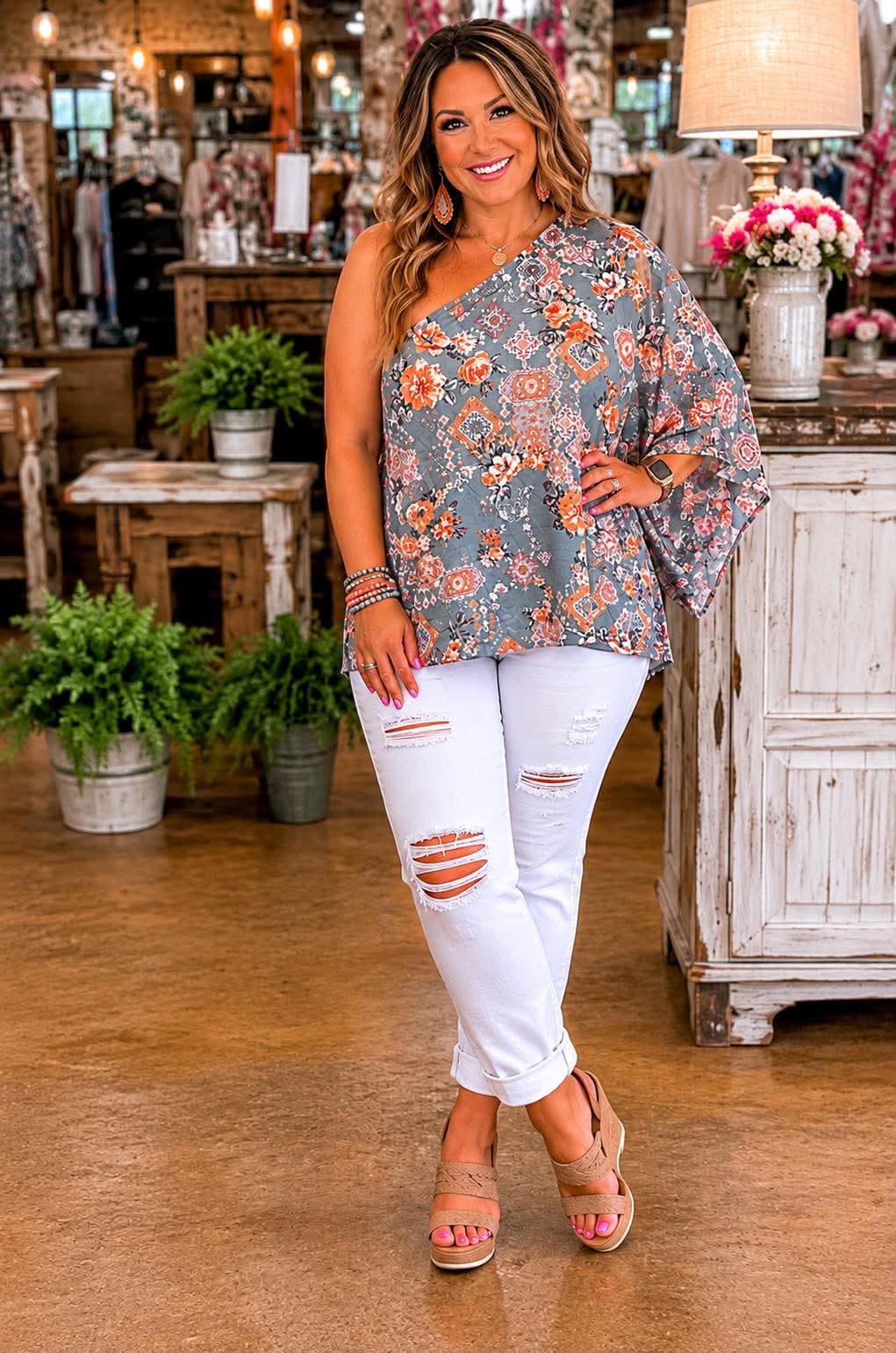 100 PSS {Free Spirit Blooms} Mint Floral Off Shoulder Top PLUS SIZE 1X