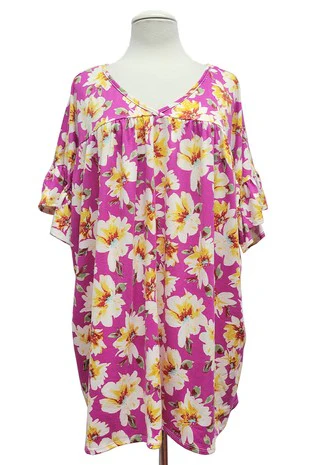 100 PSS {Fuchsia Florals} Fuchsia Floral Print V-Neck Top PLUS SIZE 1X 2X 3X - Image 2
