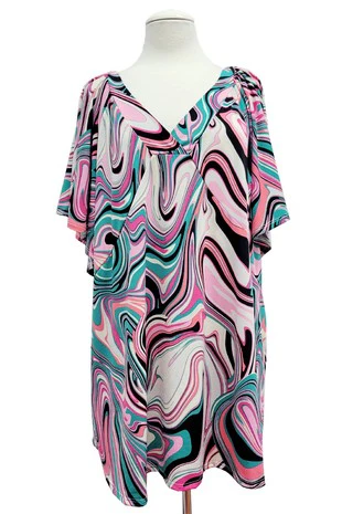 100 PSS {Groovy Mindset} Teal/Pink Swirl Print V-Neck Top EXTENDED PLUS SIZE 2X 3X 4X  TRUE TO SIZE!! - Image 4