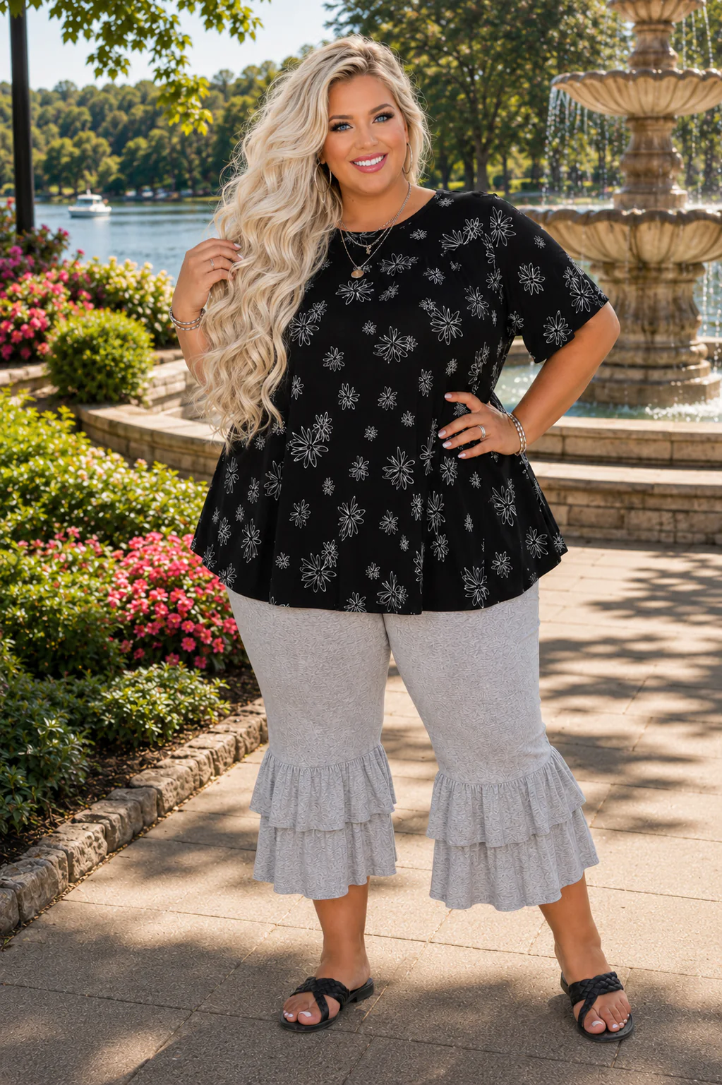 100 PSS {Inked Blossoms} Black Sketch Floral Shirred Top EXTENDED PLUS SIZE 4X 5X 6X