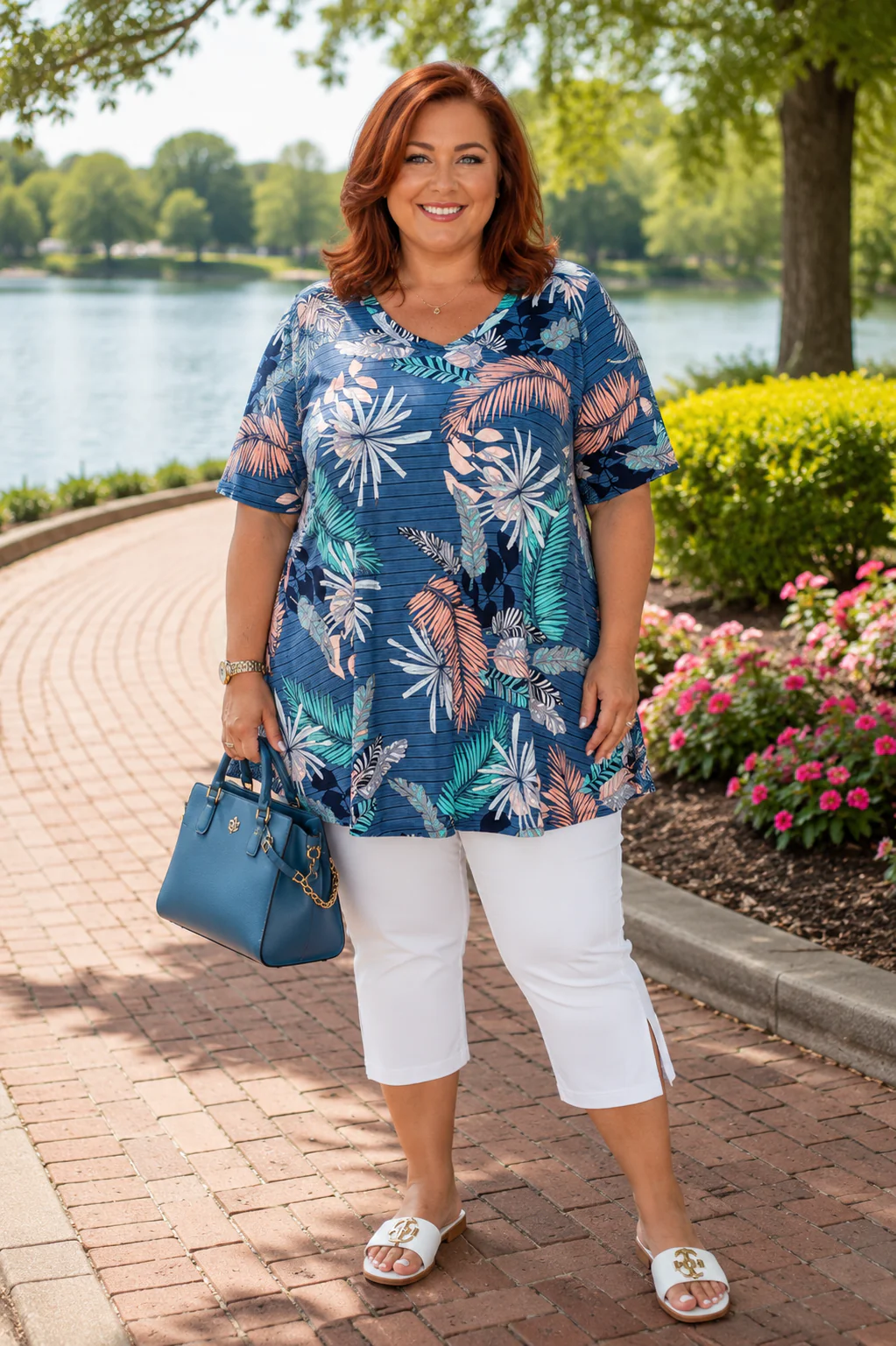 100 PSS {Island Breeze} Navy Tropical Leaf Striped V-Neck Top EXTENDED PLUS SIZE 3X 4X 5X