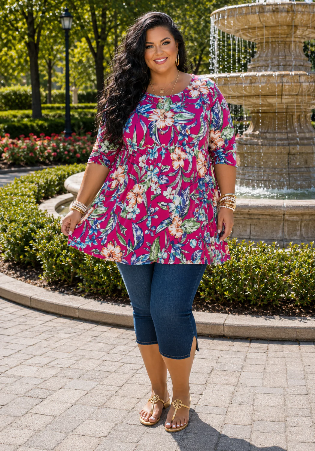 100 PSS {Island Flora} Fuchsia Tropical Floral Shirred Top EXTENDED PLUS SIZE 4X 5X 6X
