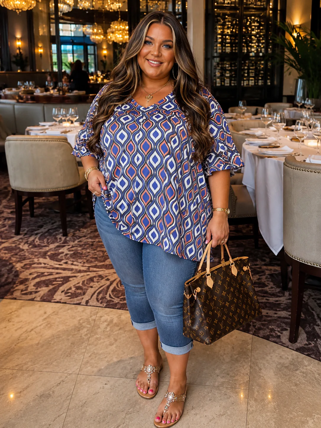 100 PSS {Magically Retro} Blue Print V-Neck Top EXTENDED PLUS SIZE 4X 5X 6X