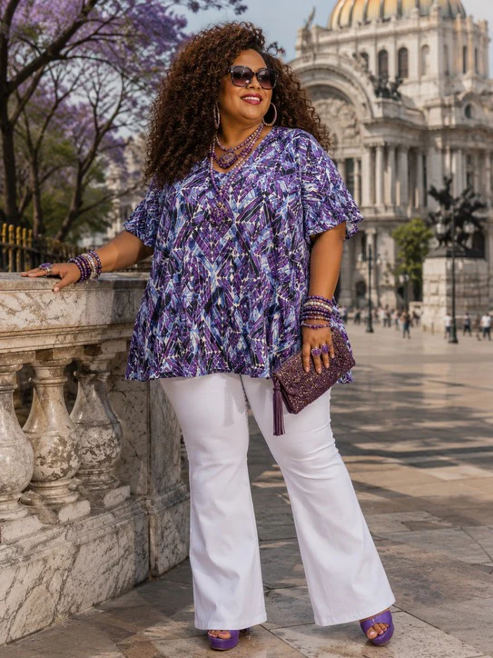 100 PSS {Might Be Love} Purple Print V-Neck Frill Hem Top EXTENDED PLUS SIZE 3X 4X 5X