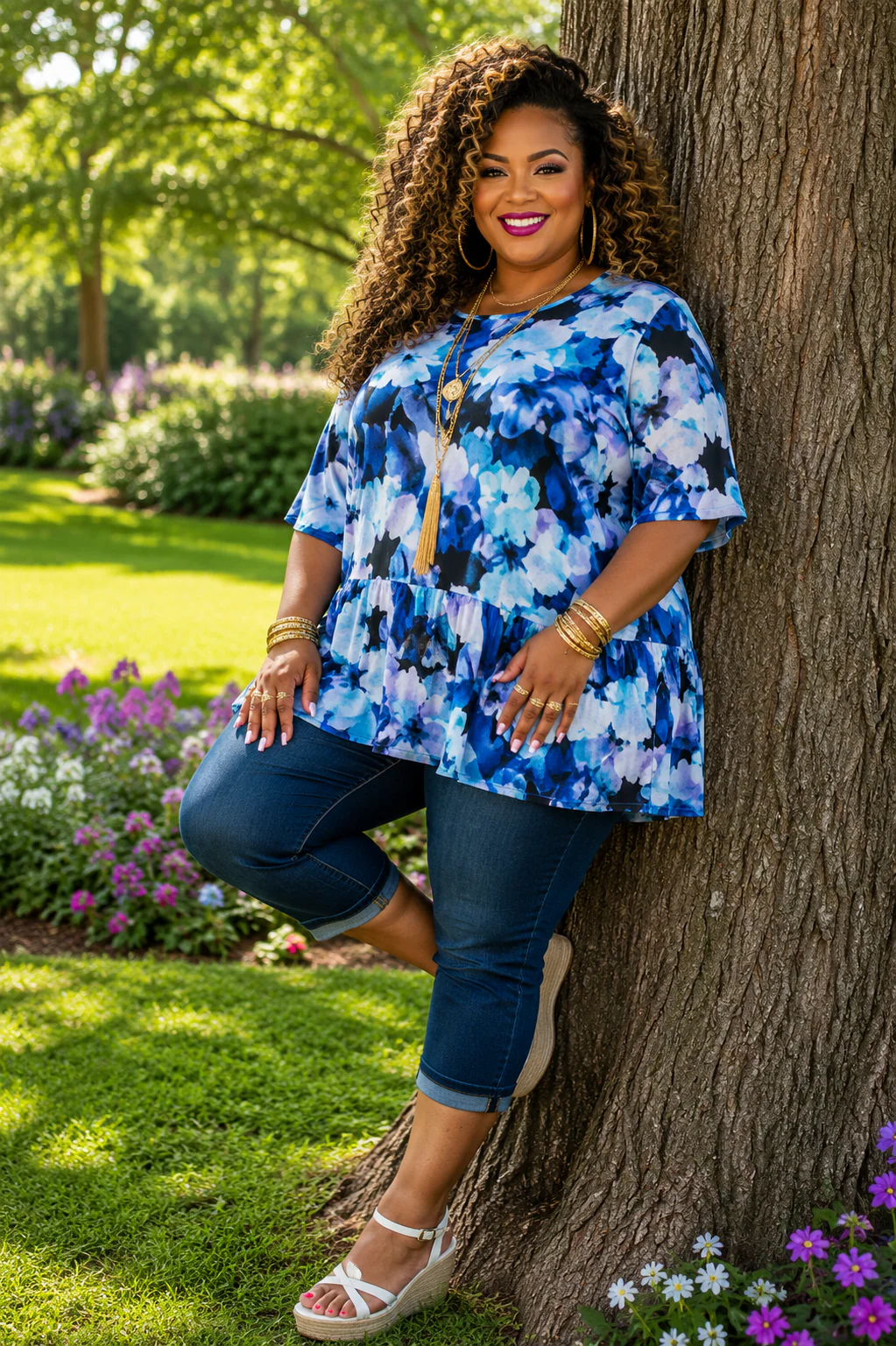 100 PSS {Moonlit Floral} Blue Purple Floral Frill Hem Top