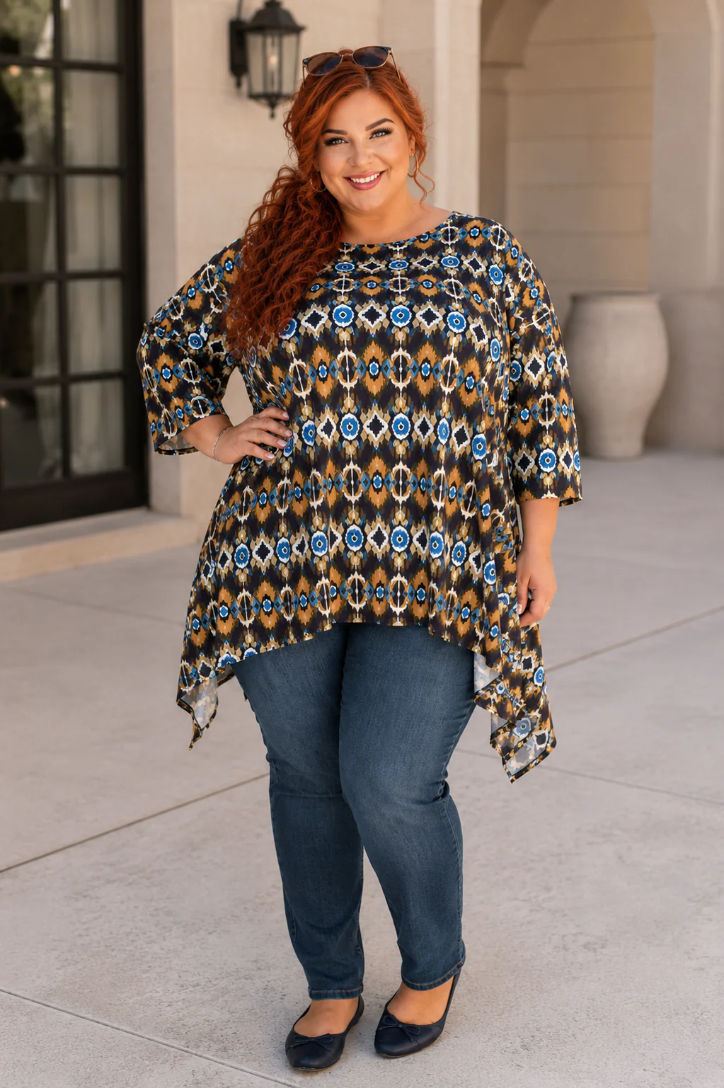 100 PSS {Mosaic Cascade} Navy Multi Print Side Drape Top EXTENDED PLUS SIZE 3X 4X 5X