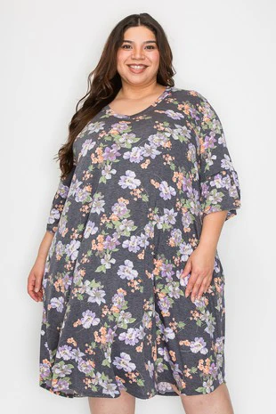100 PSS {My First Pick} Charcoal Floral V-Neck Dress  EXTENDED PLUS SIZE 2X 3X 4X  TRUE TO SIZE!! - Image 2