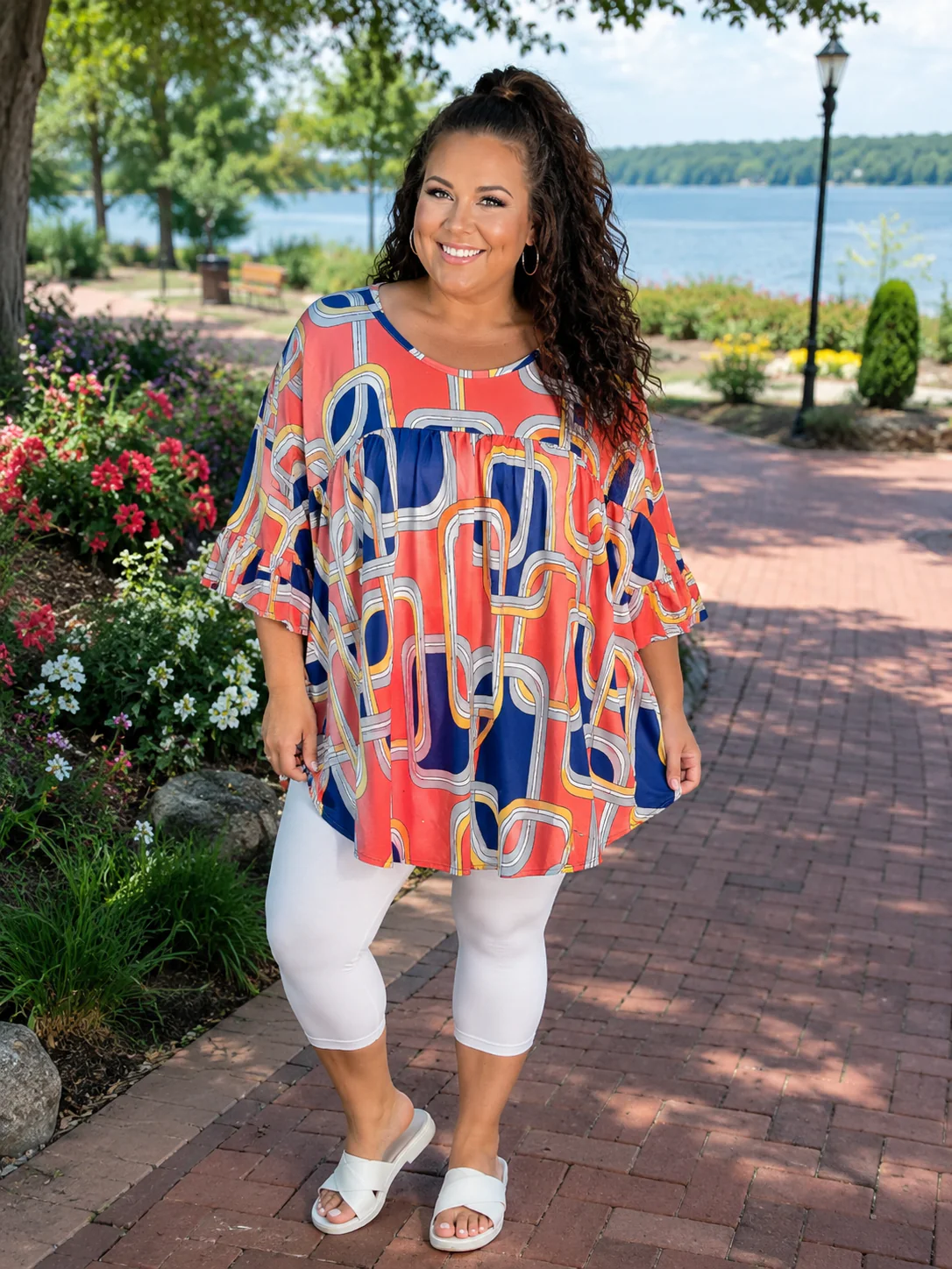100 PSS {Never Ending Style} Orange Blue Print Babydoll Tunic EXTENDED PLUS SIZE TRUE TO SIZE!!