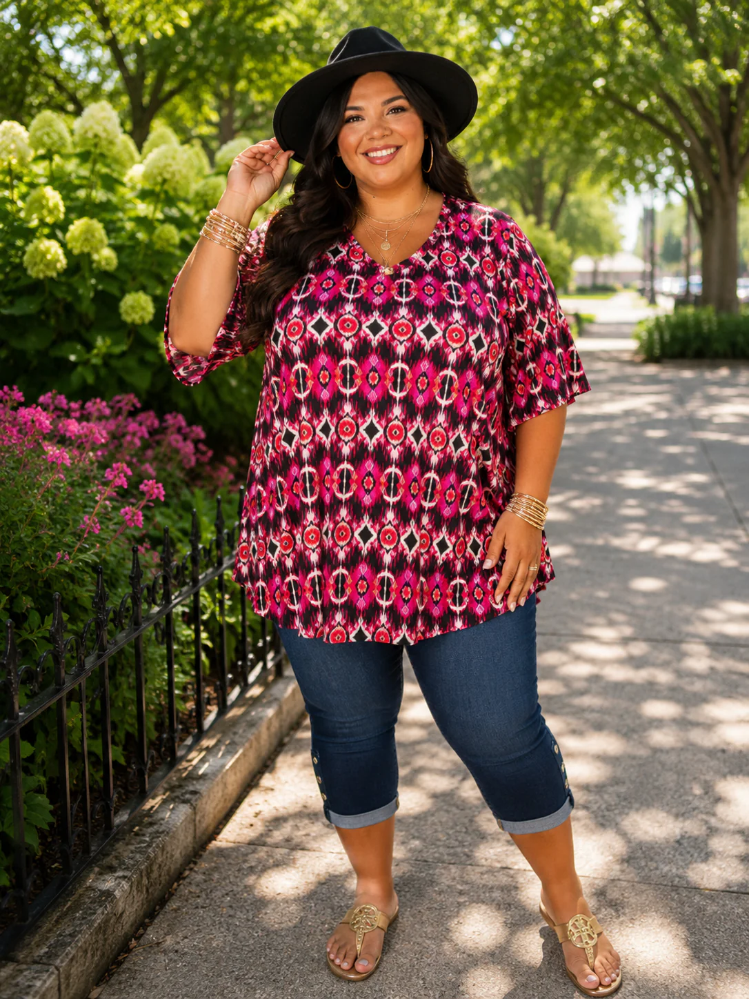 100 PSS {Off The Charts} Fuchsia Print V-Neck Top EXTENDED PLUS SIZE 3X 4X 5X