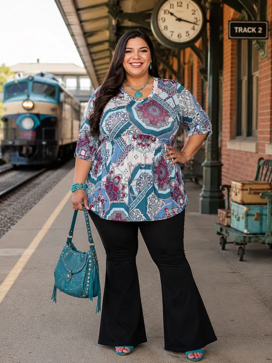 100 PSS {One To Beat} Teal Paisley Print V-Neck Top EXTENDED PLUS SIZE 3X 4X 5X