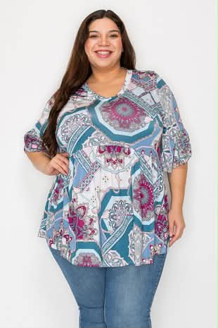 100 PSS {One To Beat} Teal Paisley Print V-Neck Top EXTENDED PLUS SIZE 3X 4X 5X - Image 2