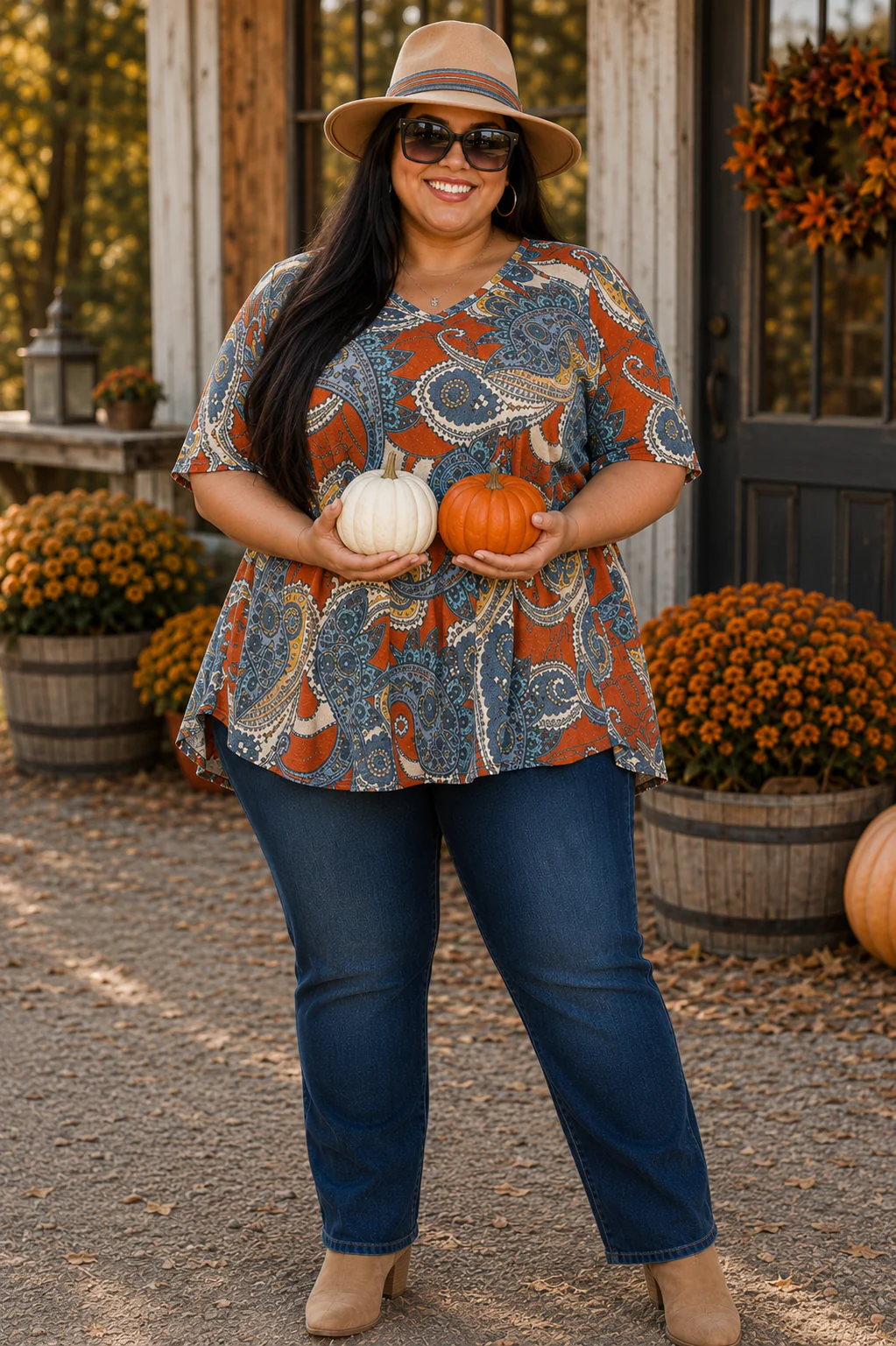 100 PSS {Paisley Spirit} Rust Blue Paisley V-Neck Top EXTENDED PLUS SIZE 3X 4X 5X