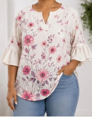 100 PSS {Petal Path} Ivory Pink Floral Print V-Neck Top PLUS SIZE 1X 2X 3X - Image 2
