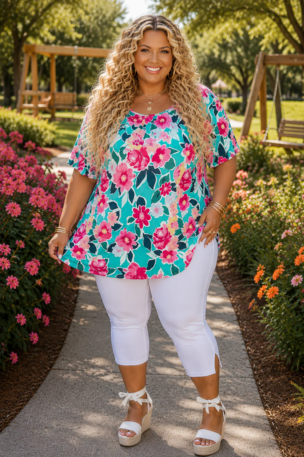 100 PSS {Playful & Pretty} Teal Large  Floral Print Shirred Top EXTENDED PLUS SIZE 4X 5X 6X