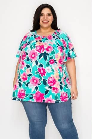 100 PSS {Playful & Pretty} Teal Large  Floral Print Shirred Top EXTENDED PLUS SIZE 4X 5X 6X - Image 2