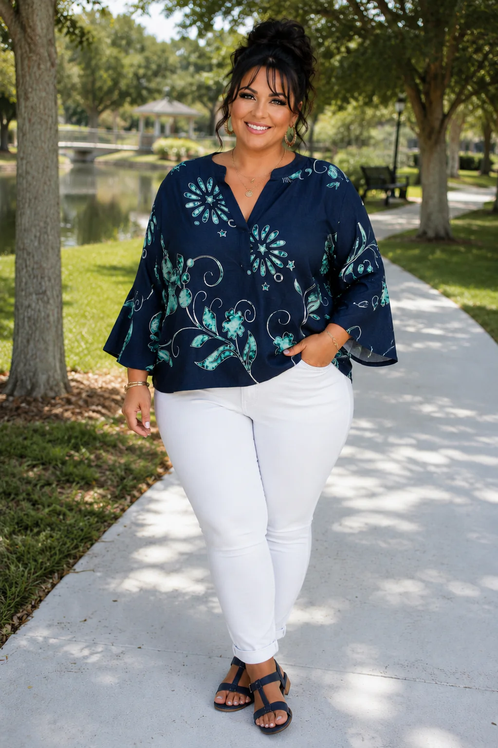 100 PSS {Polished Print} Navy Print V-Neck Ruffle Sleeve Top PLUS SIZE 1X 2X 3X